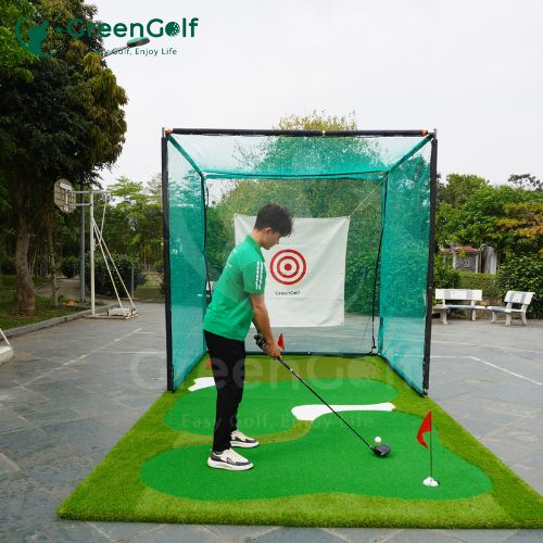 Combo Khung tập golf 2.5m x 2.5m x 2.5m, thảm golf 2.5m x 5.5m, máy nhả bóng bán tự động cao cấp chất lượng, tập luyện tại nhà hiệu quả. CBKL17