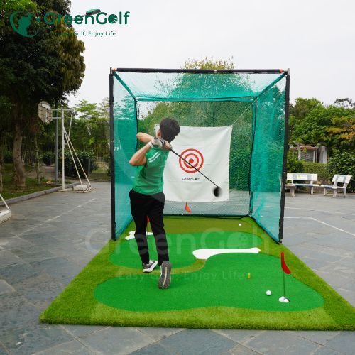 Combo Khung tập golf 2.5m x 2.5m x 2.5m, thảm golf 2.5m x 5.5m, máy nhả bóng bán tự động cao cấp chất lượng, tập luyện tại nhà hiệu quả. CBKL17