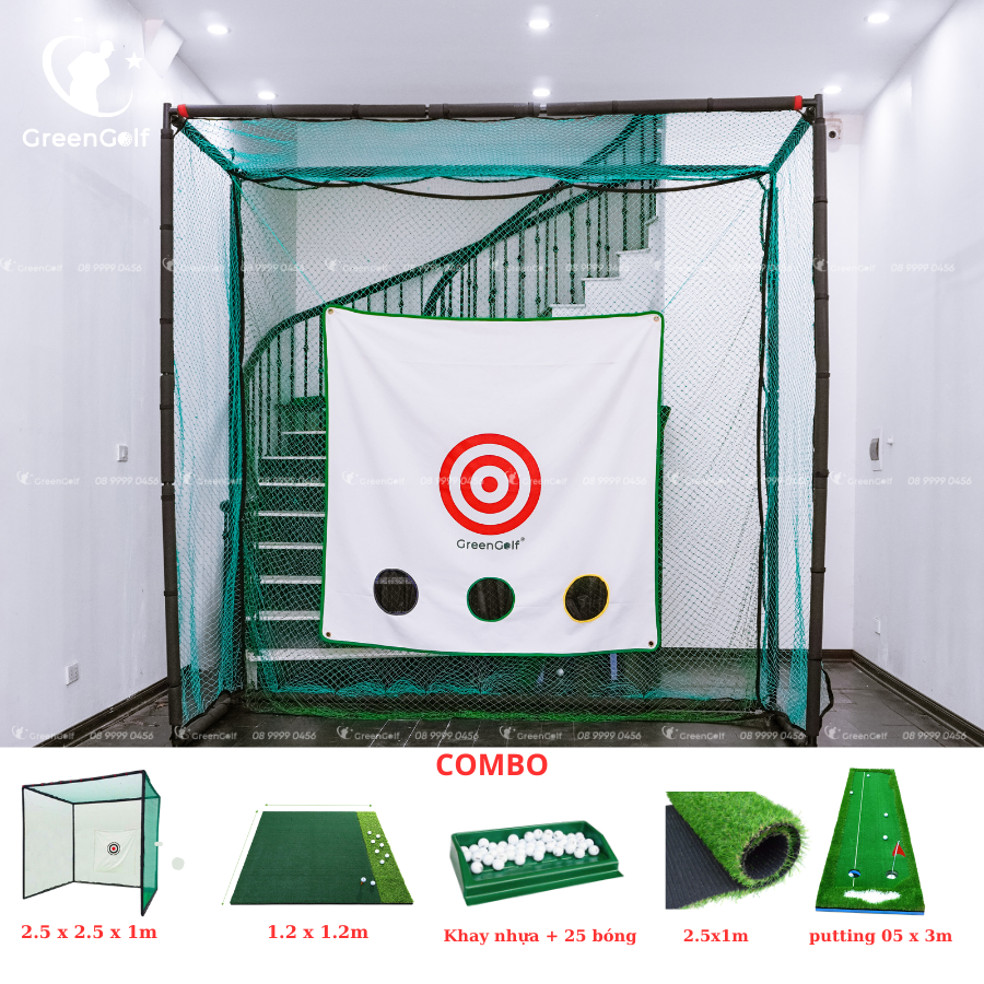 Combo khung  tập golf kích thước 2.5 x2.5 x1 + thảm swing 1.2 x 1.2m + thảm put 0.5 x3m + thảm cỏ trải sàn 2.5 x1m + khay nhựa kèm 25 bóng golf -CBKL9