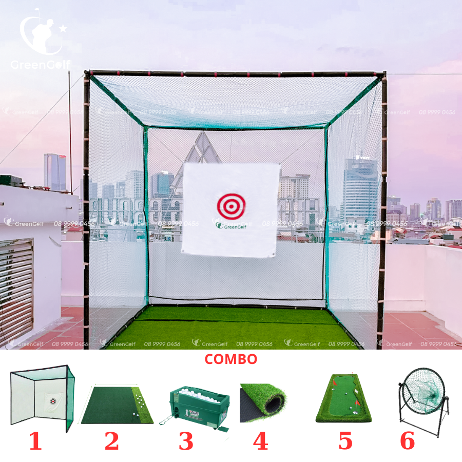 Combo Khung 3x3x3 + máy nhả bóng thảm put 1.5mx3m viền dày + thảm swing 1.5x1.5 + cỏ nhân tạo 3mx3m + giỏ chip xanh + 25 bóng  - CBKL16