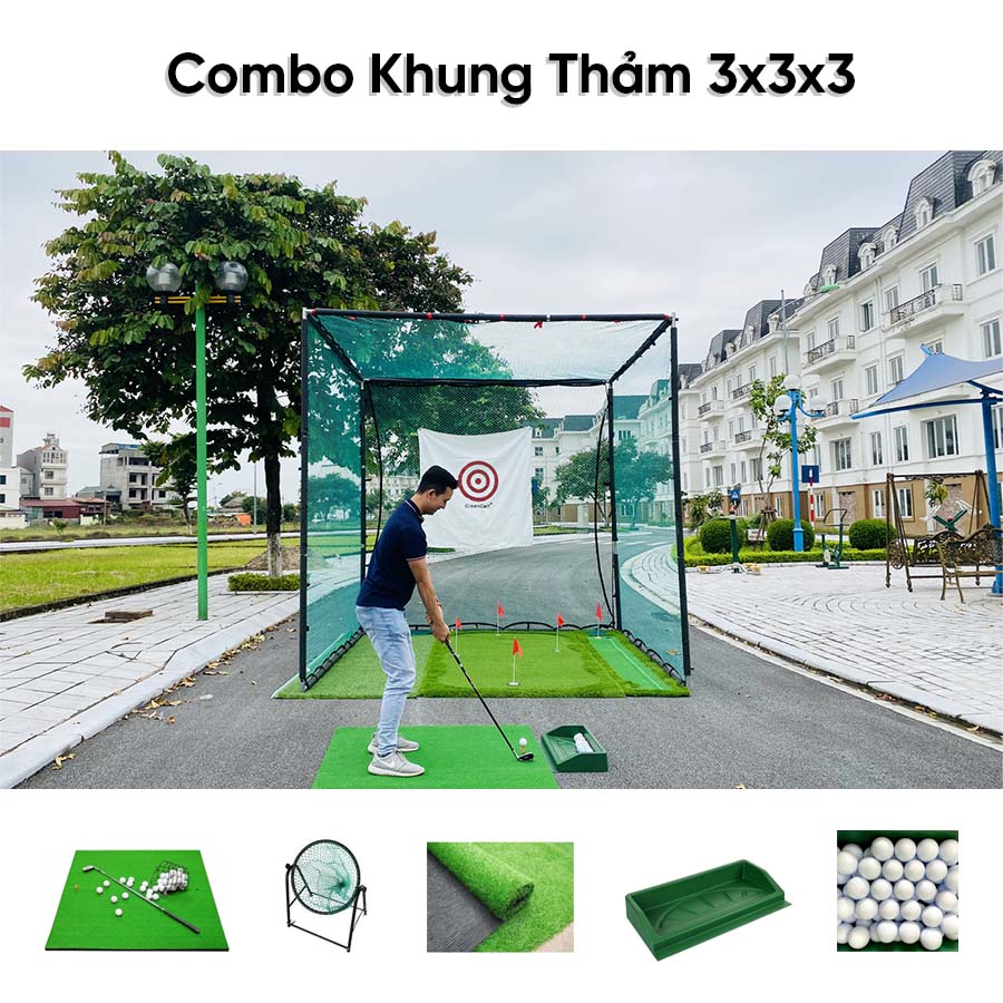 Combo Khung Tập Golf 3x3x3 + Thảm Swing 1.5x1.5 +  Thảm Cỏ Nhân Tạo 3x3m + Thảm putt 1.5m x 3m +  Khay Nhựa + Giỏ Chip Xanh + 25 Bóng Mới - CBKL125