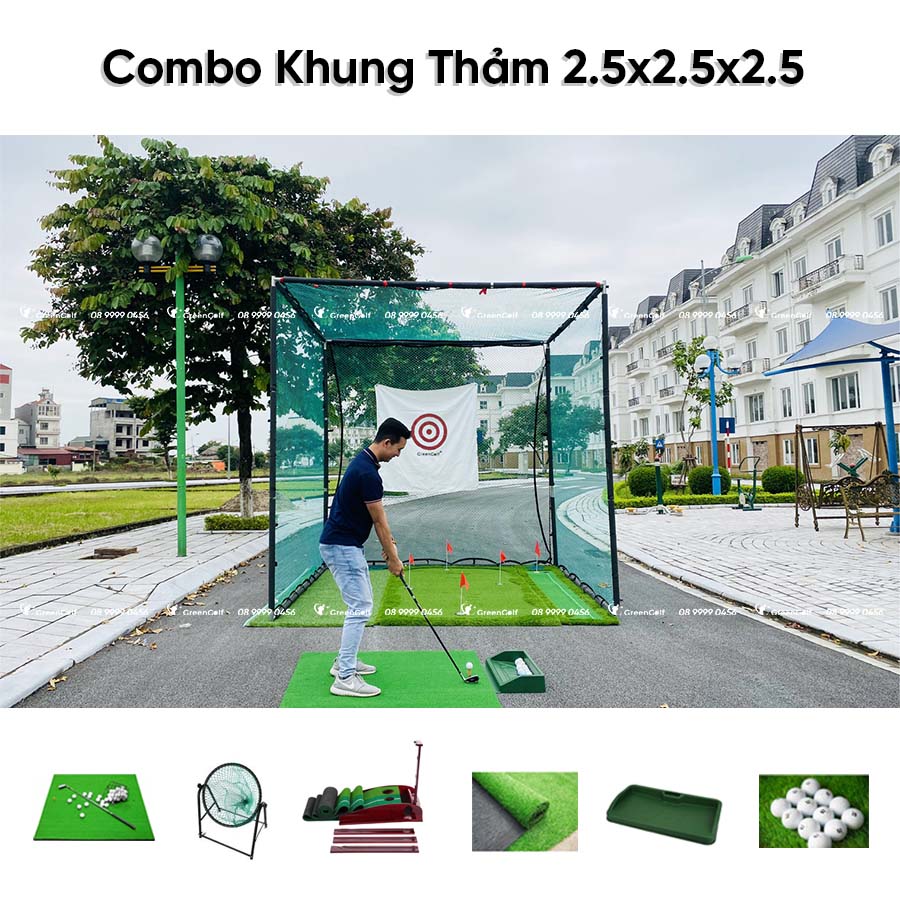 Combo khung golf 2,5x2,5X2,5  + thảm swing 1.5x1.5 + giỏ chip xanh + put gỗ + thảm cỏ nhân tạo + 2.5x2.5 + khay cao su + 25 bóng - CBKL10