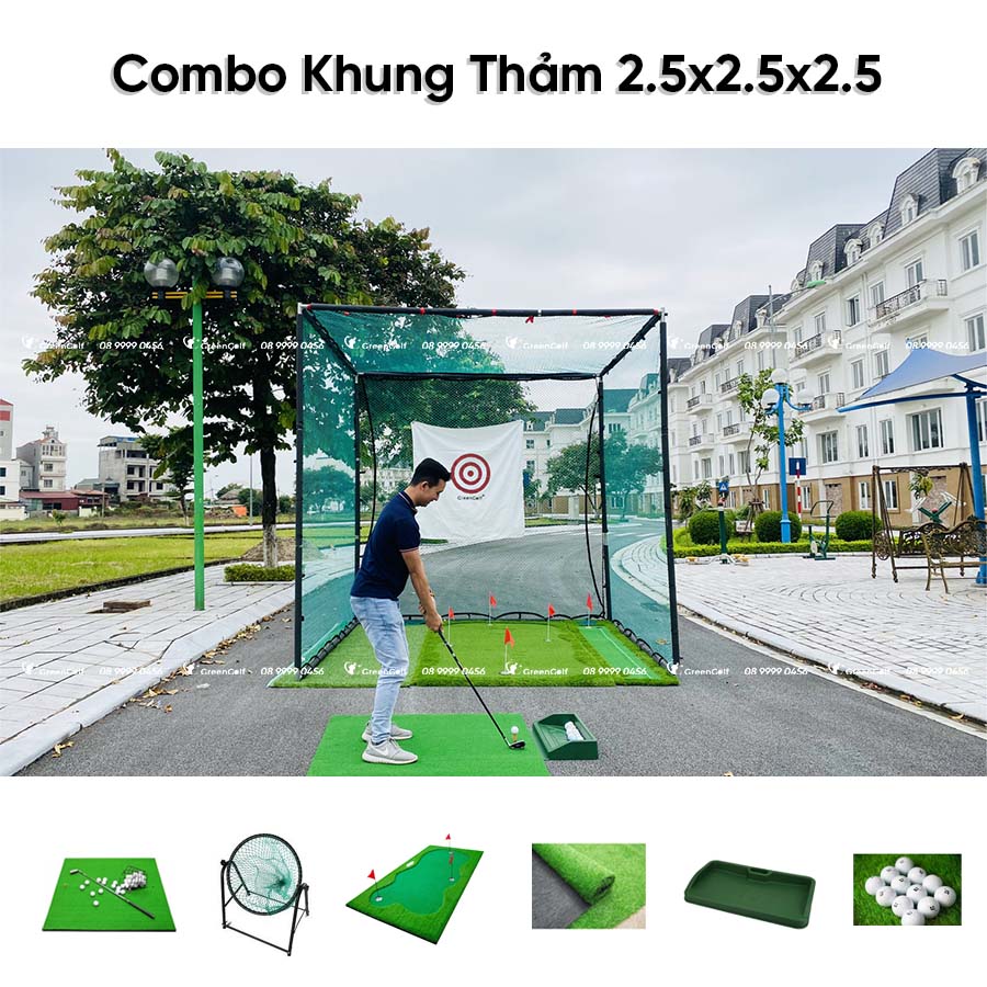 Combo Khung 2,5x2,5x2,5 + Thảm Swing 1,5x1,5 + Giỏ chip xanh + Put 1.2x2.5 + Thảm cỏ nhân tạo 2,5x2,5 + Khay cao su + 25 bóng - CBKL11.2