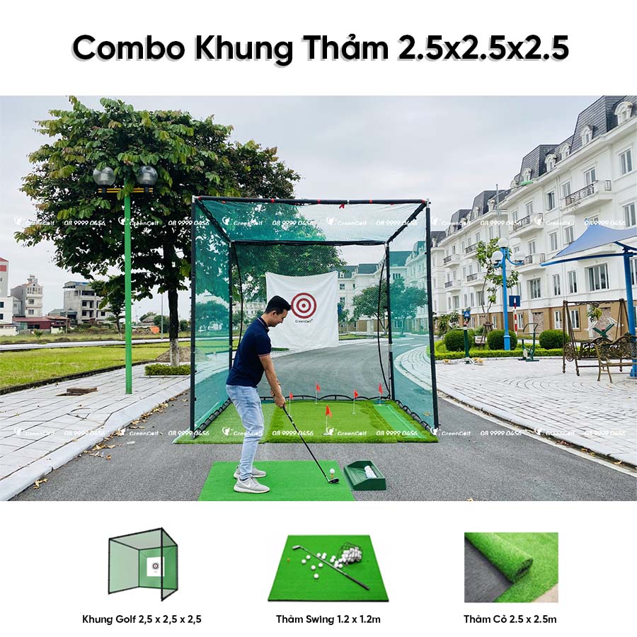 Combo khung 2,5x2,5x2,5 + thảm swing 1.2x1.2 thảm cỏ 2.5x2.5 - 30 bóng golf CBKL7