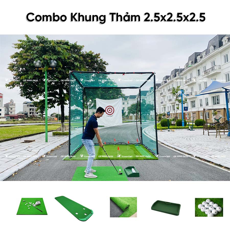 Combo Khung 2,5x2,5x2,5 + Thảm Swing 1,5x1,5 + Thảm Putting 3 lỗ + Thảm cỏ nhân tạo 2,5x2,5m + Khay đựng bóng Golf + 25 bóng + Giỏ đựng bóng - CBKL9.9