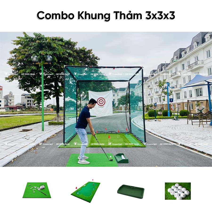 Combo Khung Tập Golf 3x3x3 + Thảm Swing 1.5x1.5 +  Thảm Put 1,5 x 3m + Khay Nhựa + 25 Bóng Mới - CBKL11