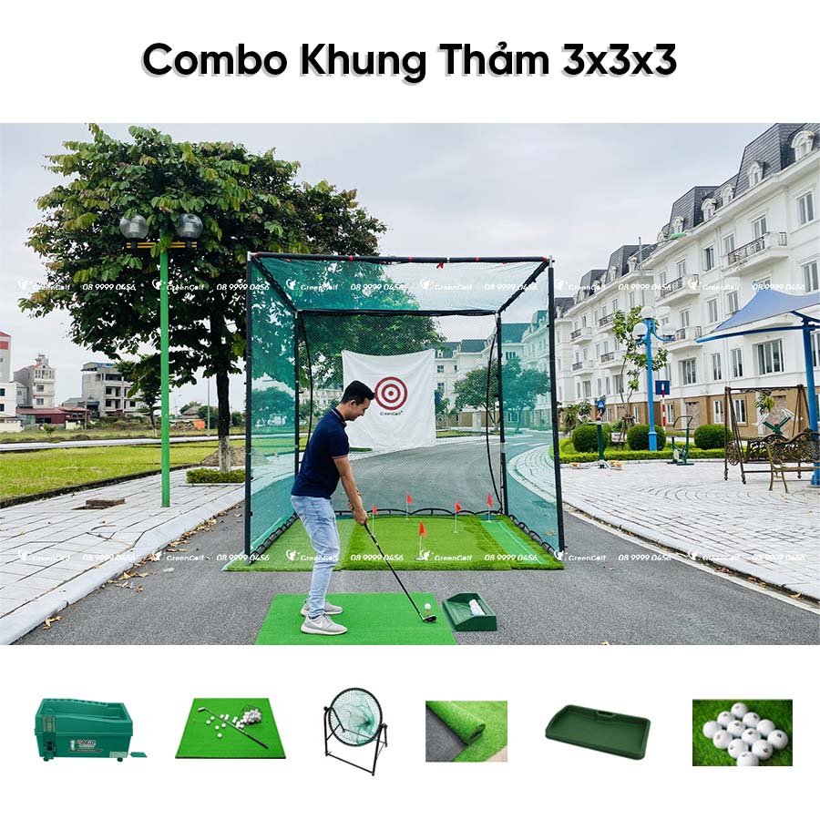 Combo Khung Tập Golf 3x3x3 +  Máy Nhả Bóng Tự Động + Thảm Swing 1.5x1.5 +  Thảm Cỏ Nhân Tạo 3x3m + Giỏ Chip Xanh + 25 Bóng Mới - CBKL12.6