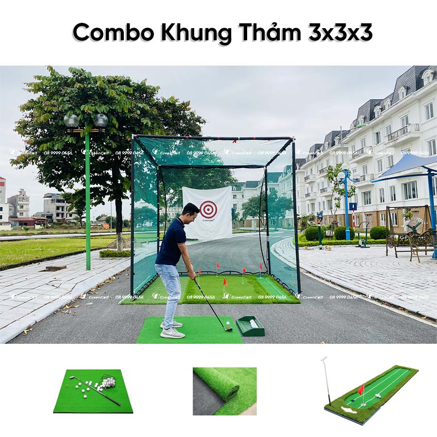 Combo Khung Tập Golf 3x3x3 + Thảm Swing 1m2 x 1m2 + Thảm Put 0.75m x 3m +  Máy nhả  bóng + Thảm Cỏ Nhân Tạo 3m x 3m - CBKL11