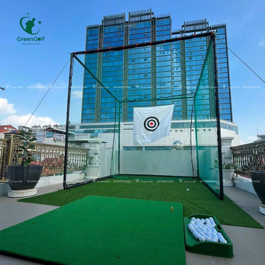 Combo Khung Tập Golf 3x3x3 + Thảm Swing 1.5x1.5 +  Thảm Cỏ Nhân Tạo 3x3m + Thảm putt 1.5m x 3m +  Khay Nhựa + Giỏ Chip Xanh + 25 Bóng Mới - CBKL125