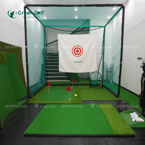 Combo Khung Tập Golf  2,5x2,5x2,5 + Thảm Swing 1,5x1,5 + Giỏ chip xanh + Thảm Putting 1.5x3m + Thảm cỏ nhân tạo 2,5x2,5m + Khay đựng bóng cao su + 25 bóng + Giỏ đựng bóng - CBKL12.8