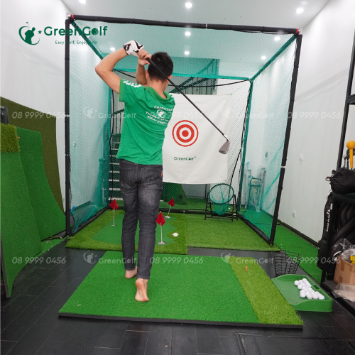 Combo Khung Tập Golf  2,5x2,5x2,5 + Thảm Swing 1,5x1,5 + Giỏ chip xanh + Thảm Putting 1.5x3m + Thảm cỏ nhân tạo 2,5x2,5m + Khay đựng bóng cao su + 25 bóng + Giỏ đựng bóng - CBKL12.8