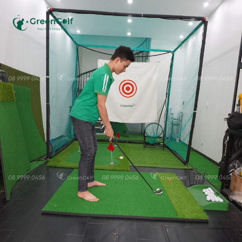 Combo Khung Tập Golf  2,5x2,5x2,5 + Thảm Swing 1,5x1,5 + Giỏ chip xanh + Thảm Putting 1.5x3m + Thảm cỏ nhân tạo 2,5x2,5m + Khay đựng bóng cao su + 25 bóng + Giỏ đựng bóng - CBKL12.8