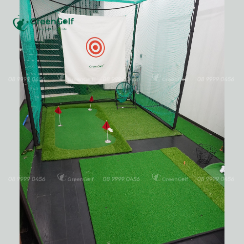 Combo Khung Tập Golf  2,5x2,5x2,5 + Thảm Swing 1,5x1,5 + Giỏ chip xanh + Thảm Putting 1.5x3m + Thảm cỏ nhân tạo 2,5x2,5m + Khay đựng bóng cao su + 25 bóng + Giỏ đựng bóng - CBKL12.8