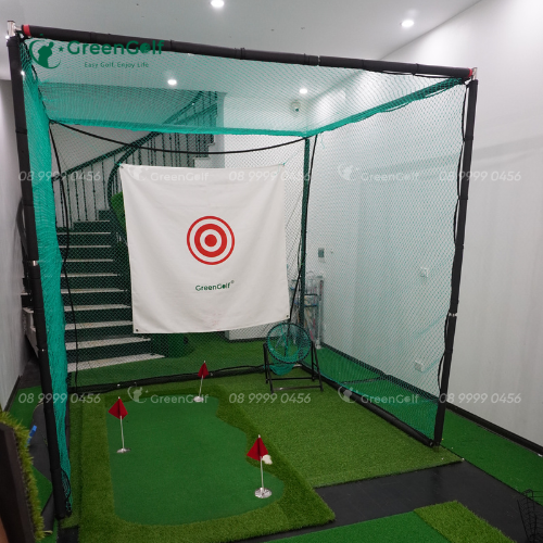 Combo Khung Tập Golf  2,5x2,5x2,5 + Thảm Swing 1,5x1,5 + Giỏ chip xanh + Thảm Putting 1.5x3m + Thảm cỏ nhân tạo 2,5x2,5m + Khay đựng bóng cao su + 25 bóng + Giỏ đựng bóng - CBKL12.8