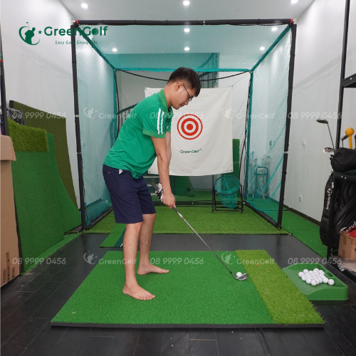 Combo khung golf 2,5x2,5X2,5  + thảm swing 1.5x1.5 + giỏ chip xanh + put nhựa + thảm cỏ nhân tạo + 2.5x2.5 + khay cao su + 25 bóng - CBKL10