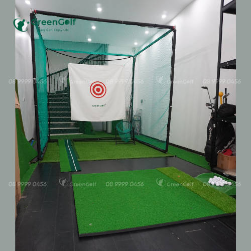 Combo khung golf 2,5x2,5X2,5  + thảm swing 1.5x1.5 + giỏ chip xanh + put nhựa + thảm cỏ nhân tạo + 2.5x2.5 + khay cao su + 25 bóng - CBKL10