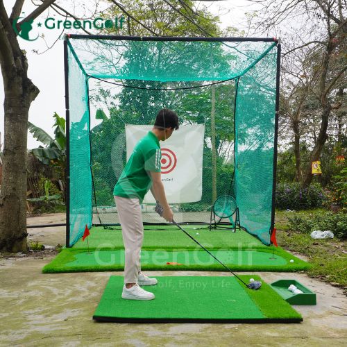 Combo Khung Tập Golf 3x3x3 + Thảm Swing 1.5x1.5 +  Thảm Cỏ Nhân Tạo 3x3m + Thảm putt 1.5m x 3m +  Khay Nhựa + Giỏ Chip Xanh + 25 Bóng Mới - CBKL125