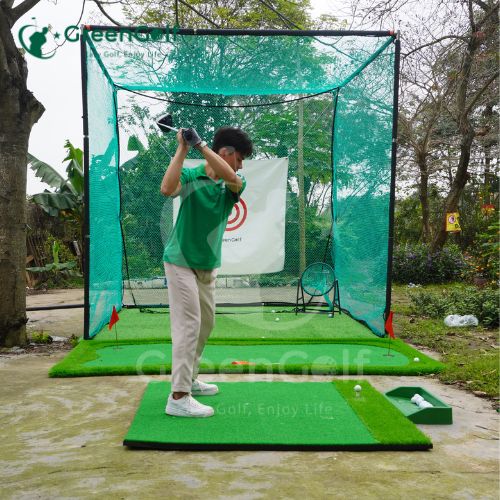 Combo Khung Tập Golf 3x3x3 + Thảm Swing 1.5x1.5 +  Thảm Cỏ Nhân Tạo 3x3m + Thảm putt 1.5m x 3m +  Khay Nhựa + Giỏ Chip Xanh + 25 Bóng Mới - CBKL125