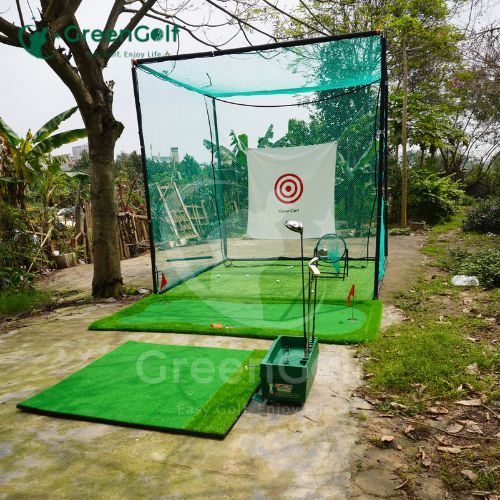 Combo Khung 3x3x3 + máy nhả bóng thảm put 1.5mx3m viền dày + thảm swing 1.5x1.5 + cỏ nhân tạo 3mx3m + giỏ chip xanh + 25 bóng  - CBKL16