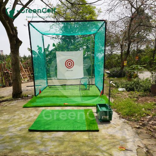 Combo Khung 3x3x3 + máy nhả bóng thảm put 1.5mx3m viền dày + thảm swing 1.5x1.5 + cỏ nhân tạo 3mx3m + giỏ chip xanh + 25 bóng  - CBKL16