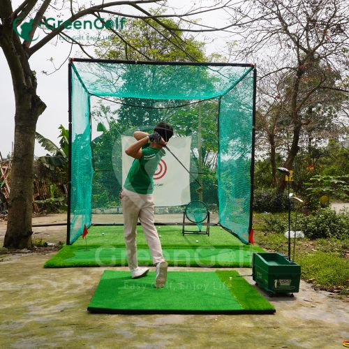 Combo Khung 3x3x3 + máy nhả bóng thảm put 1.5mx3m viền dày + thảm swing 1.5x1.5 + cỏ nhân tạo 3mx3m + giỏ chip xanh + 25 bóng  - CBKL16