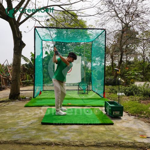 Combo Khung 3x3x3 + máy nhả bóng thảm put 1.5mx3m viền dày + thảm swing 1.5x1.5 + cỏ nhân tạo 3mx3m + giỏ chip xanh + 25 bóng  - CBKL16