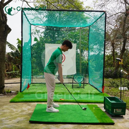 Combo Khung 3x3x3 + máy nhả bóng thảm put 1.5mx3m viền dày + thảm swing 1.5x1.5 + cỏ nhân tạo 3mx3m + giỏ chip xanh + 25 bóng  - CBKL16