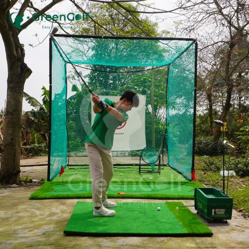 Combo Khung 3x3x3 + máy nhả bóng thảm put 1.5mx3m viền dày + thảm swing 1.5x1.5 + cỏ nhân tạo 3mx3m + giỏ chip xanh + 25 bóng  - CBKL16