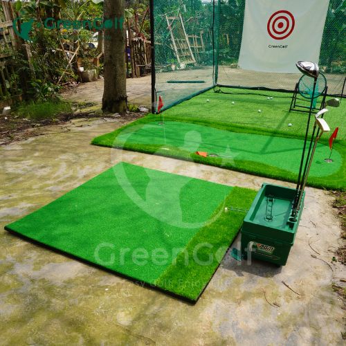 Combo Khung 3x3x3 + máy nhả bóng thảm put 1.5mx3m viền dày + thảm swing 1.5x1.5 + cỏ nhân tạo 3mx3m + giỏ chip xanh + 25 bóng  - CBKL16