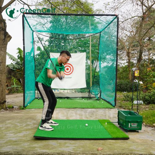 Combo Khung Tập Golf 3x3x3 +  Máy Nhả Bóng Tự Động + Thảm Swing 1.5x1.5 +  Thảm Cỏ Nhân Tạo 3x3m + Giỏ Chip Xanh + 25 Bóng Mới - CBKL12.6