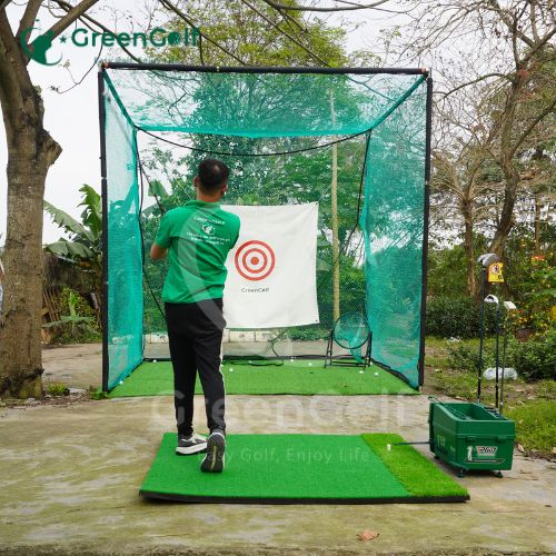 Combo Khung Tập Golf 3x3x3 +  Máy Nhả Bóng Tự Động + Thảm Swing 1.5x1.5 +  Thảm Cỏ Nhân Tạo 3x3m + Giỏ Chip Xanh + 25 Bóng Mới - CBKL12.6