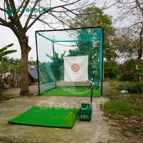 Combo Khung Tập Golf 3x3x3 +  Máy Nhả Bóng Tự Động + Thảm Swing 1.5x1.5 +  Thảm Cỏ Nhân Tạo 3x3m + Giỏ Chip Xanh + 25 Bóng Mới - CBKL12.6