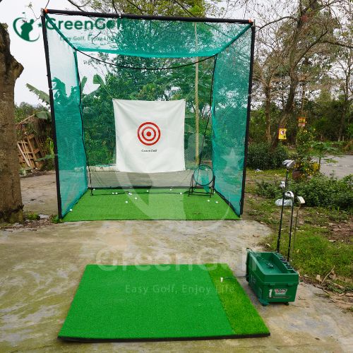 Combo Khung Tập Golf 3x3x3 +  Máy Nhả Bóng Tự Động + Thảm Swing 1.5x1.5 +  Thảm Cỏ Nhân Tạo 3x3m + Giỏ Chip Xanh + 25 Bóng Mới - CBKL12.6