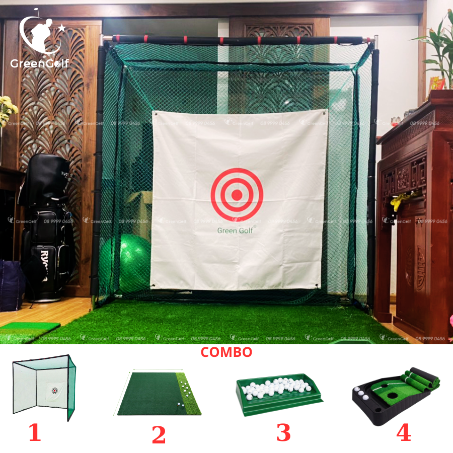 Combo khung tập golf 2x2x0.5m + thảm swing 1.2 x1.2 + thảm put nhựa + khay nhựa + 25 bóng - CBKL5