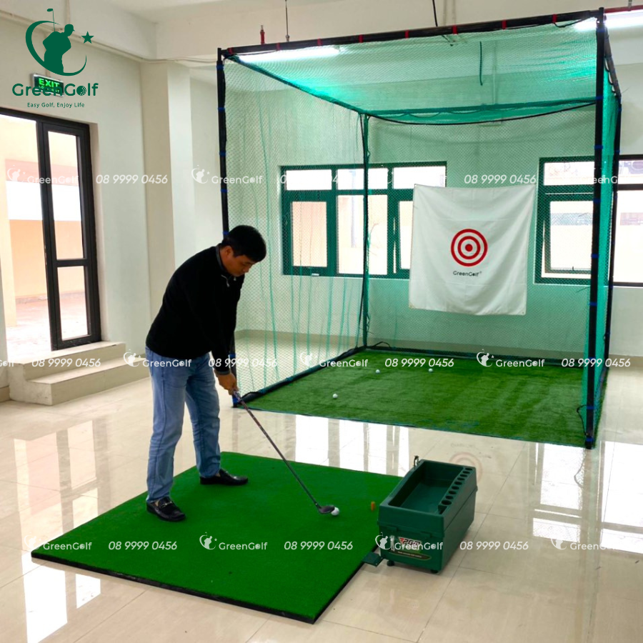 Combo Khung 3x3x3 + máy nhả bóng thảm put 1.5mx3m viền dày + thảm swing 1.5x1.5 + cỏ nhân tạo 3mx3m + giỏ chip xanh + 25 bóng  - CBKL16